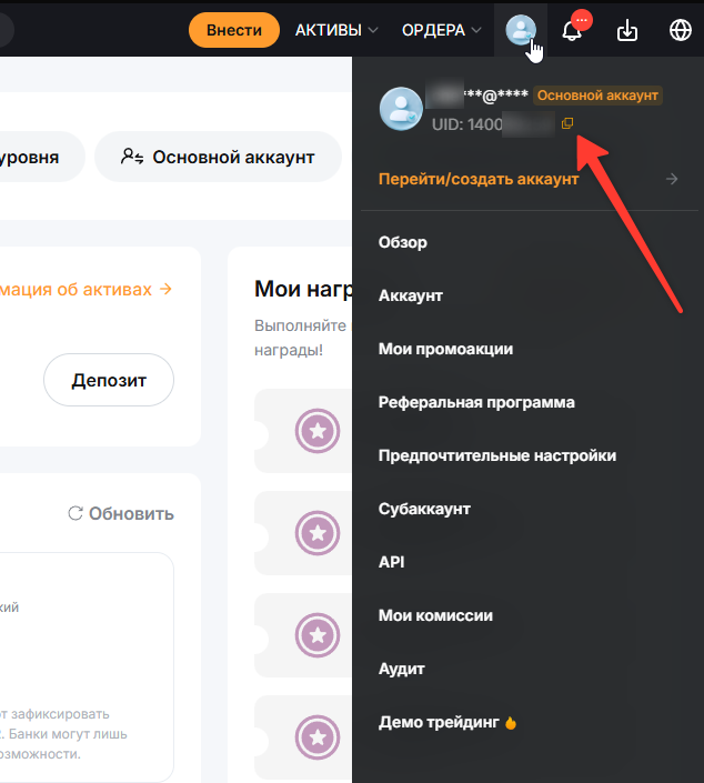 Копируем UID аккаунта